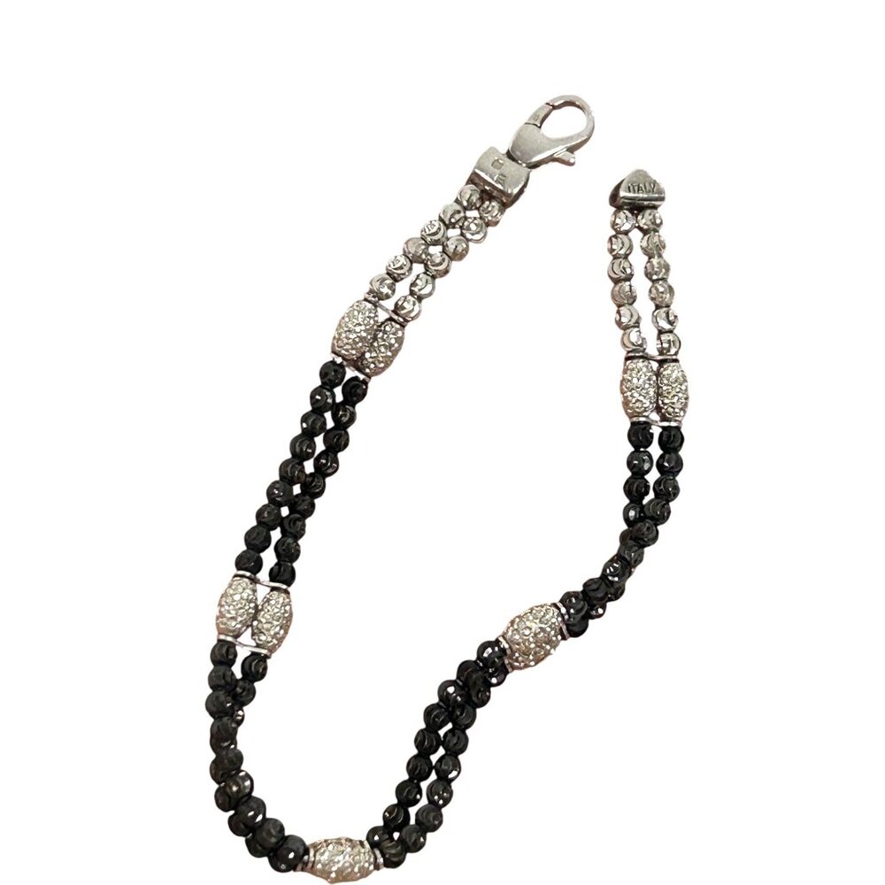 Bracelet 925 Sterling Silver Black Faceted Beads Italy Vtg 7.5” Fine Jewelry Her